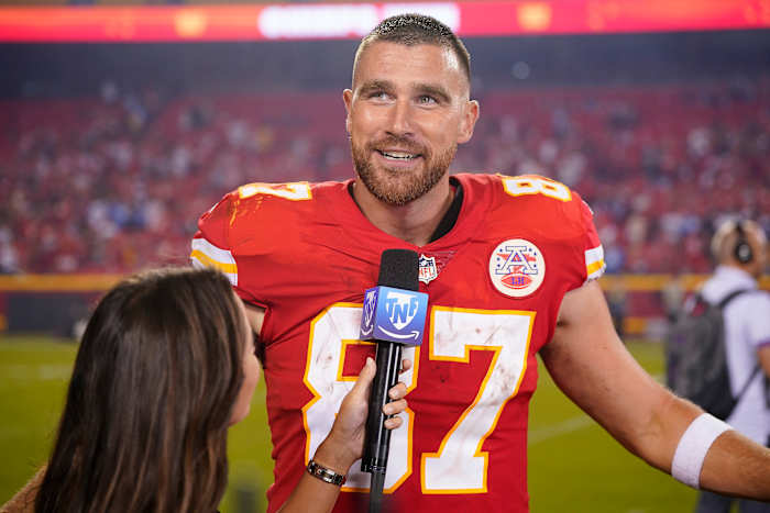 Chiefs tight end Travis Kelce is interviewed after a game.